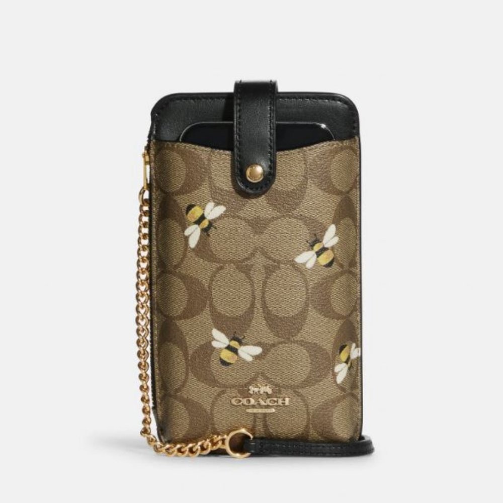 COACH Bee print Signature logo coated canvas women's phone crossbody bag BROWN